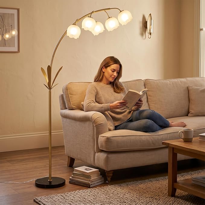 HMVPL Gold Floor Lamp for Living Room, Flower Floor Lamp with 5 G9 LED Bulbs, Foot Switch, Arc Tall Lamp with Acrylic Shade, Marble Base, Mid Century Standing Lamp for Living Room Corner Bedroom Home