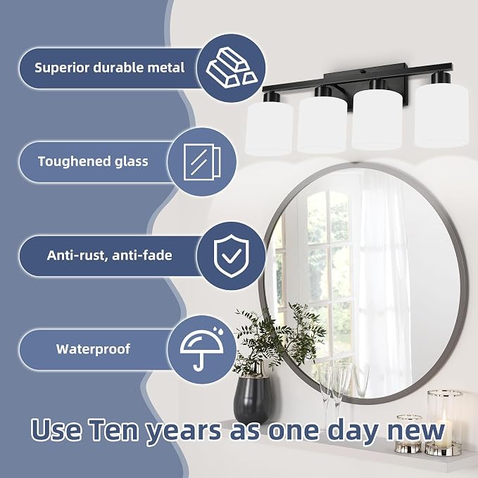 SILAMPDI 4-Light Bathroom Vanity Light Fixtures Over Mirror Matte Black | Modern Milky White Frosted Glass Shades, Anti-Rust Finished, Wall Sconce for Bedroom Restroom, E26 Socket, Easy Installation