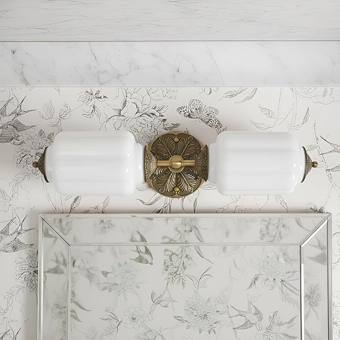 Milk Glass Bathroom Vanity Light - 2-Light Wall Sconce with Brass Finish Base & Green Glass Shade - Wall Sconce Lighting for Mirror, Kitchen, Living Room (White Glass with Gold Metal Accents)