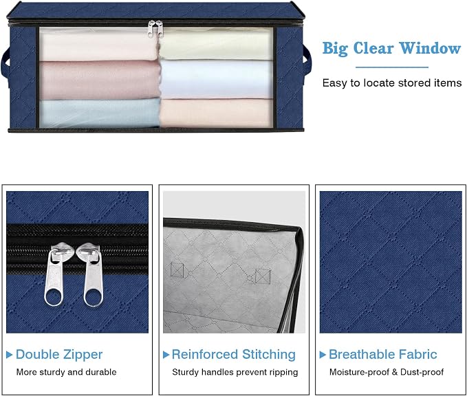 HomeHacks 4-Pack Clothes Organizer Storage Bags, 35L Storage Bins, Blue | Foldable Storage Box Container with Zippers, Clear Window, Reinforced Handles for Closet, Dorm, Pillows, Bedding, Sweater
