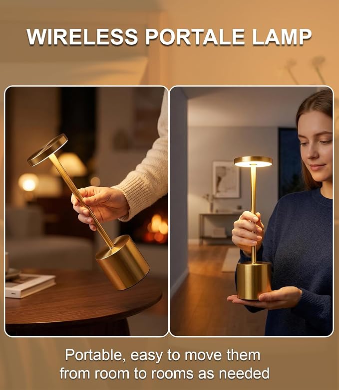 Swinerton Gold Cordless Table Lamp Set, 5000mAh Rechargeable Battery Operated Desk Lamp Wireless Table Light, 3 Color Dimmable Touch Lamp for Restaurant Dining Patio, Home/Apartment Decor