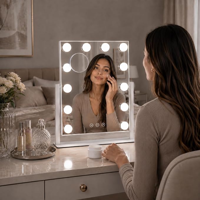 Vanity Mirror with Lights, Dimmable Desk Mirror, 12 Bulbs, 16.4'' x 13.1'' | 3 colors Lighted Makeup Mirror, Touch Control, Detachable 10X Magnification, 360 Rotation, Gift for Wife, Mom, Girls