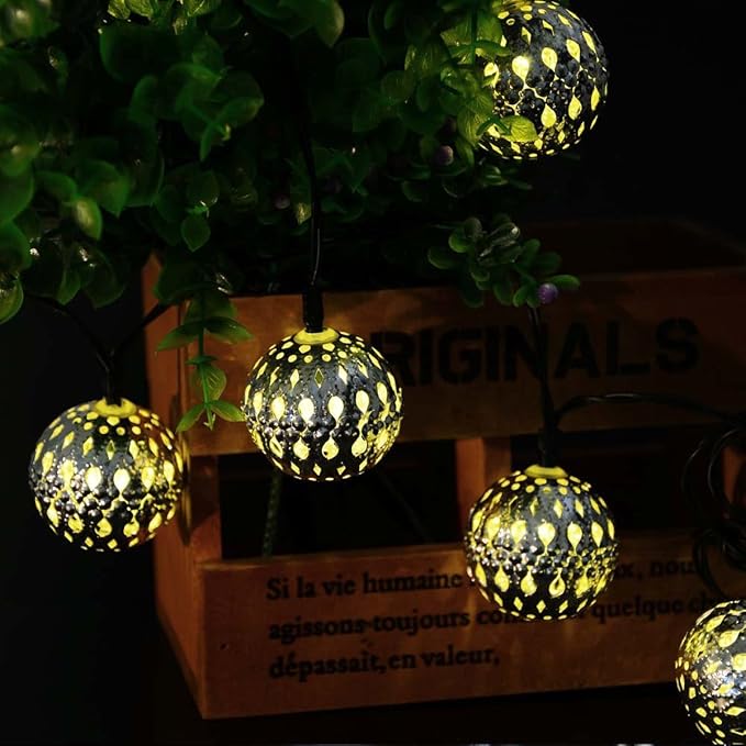 Hann LED Solar Globe String Lights, 12ft 10 LEDs Moroccan Orb Ball, Waterproof Ambiance Lighting, 3000K Warm White, Starry Fairy Lights for Outdoor Garden Yard Patio Party Christmas Party