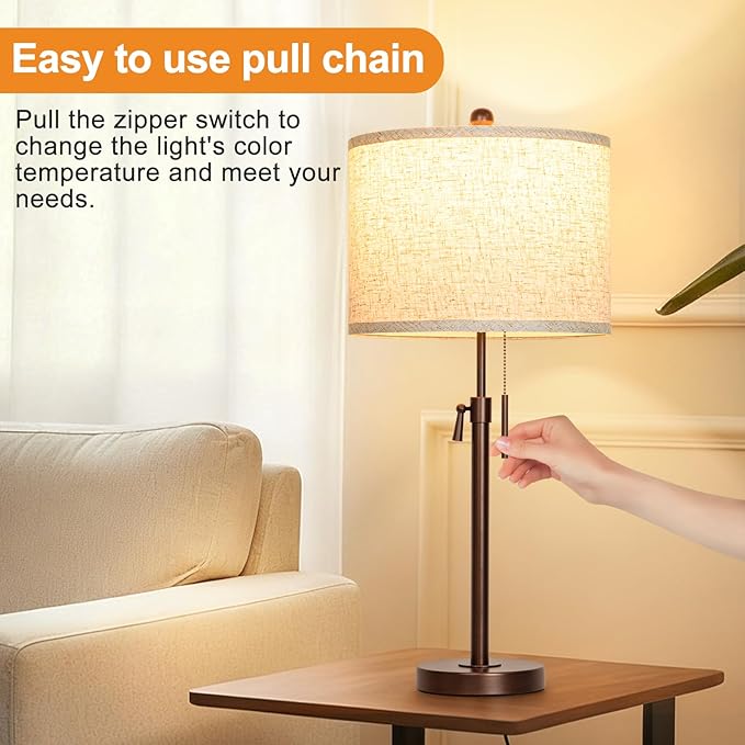 Table Lamps for Bedrooms Set of 2, 22" to 30" Height Adjustable Nightstand Lamps with Linen Shade, Pull Chain Switch Lamps for Living Room, 3 Way Dimmable Bedside Lamp
