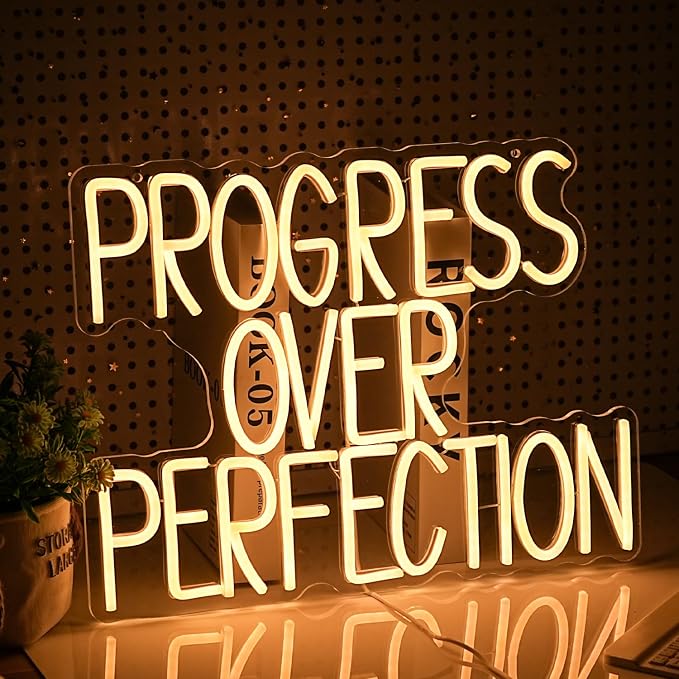 Progress Over Perfection Neon Sign for Wall Decor Dimmable Warm White Words Led Light Up Sign USB Powered LED Letters Neon Light for Classroom Bedroom Library Study Room(16.5 * 12.6In)