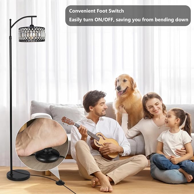 Crystal Floor Lamps for Living Room, Modern Arc Floor Lamp, Black Standing Lamp with Edison Bulb, Height Adjustable Tall Lamp for Bedroom, Corner Stand Up Lamp for Office, Arched Reading Light