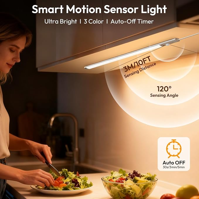 BLS 0.3" Ultra Thin Motion Sensor Under Cabinet Lights Plug in, 400LM 3 Color Dimmable LED Light Bar with Remote, USB Wired Under Counter Lighting for Kitchen Desk Shelf Workbench (No Battery), 17inch