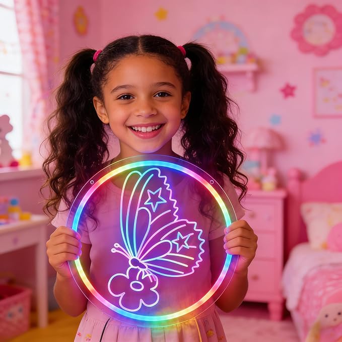 Butterfly Decorations - Single Color/Multi-Color Dimmable Neon Sign | 13“ x 13” 6.5ft USB Powered Kids Bedroom Art, Unique Birthday Gifts for Girls Boys