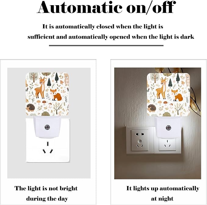 Cute Forest Animals Night Light,Deer and Fox Plug Into Wall with Dusk to Dawn Light Sensors, Warm Nightlights for Bedroom, Bathroom, Hallway, Kitchen, Gifts Ideal for Boys Girls Women Men