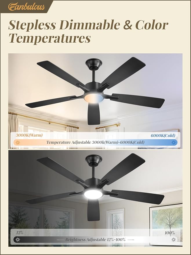 Fanbulous 52 Inch Ceiling Fans with Lights, Black, Remote & APP Control | Stepless CCT & Dimmable Light, 20W LED Ceiling Fan, 6 Speeds, Reversible Quiet DC Motor, for Bedroom, Living Room, Apartment