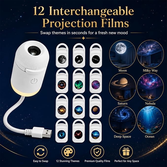2-in-1 HD Galaxy Starry Sky Night Light Projector, Galaxy Star Projector with 12 Projector Films, 360° Rotating Design, USB Power for Car and Bedroom, Decoration for Adults and Kids (-12 Films)