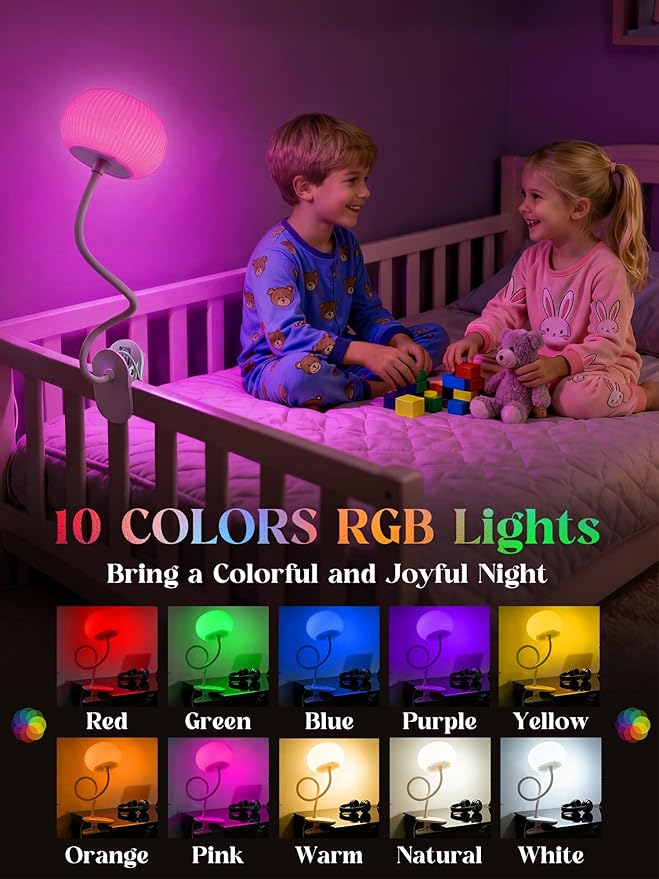 Clip on Light,10 RGB Colors & Warm White Desk Lamp with Clamp,10 Brightness Level Reading Light,Bedside Lamps,USB Adapter Clip on Lamp Suitable for Bedroom/Headboard/Bed/Bedside