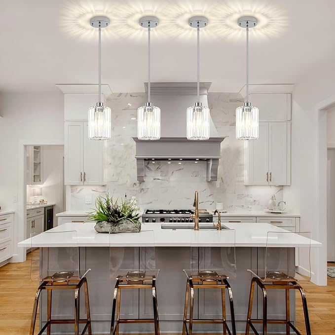 3 Pack Chrome Pendant Lights Kitchen Island, Modern Crystal Kitchen Pendant Lighting Over Island Adjustable Hanging Dining Room Light Fixtures Mini Pendant Light for Bathroom Hallway Bedroom Foyer