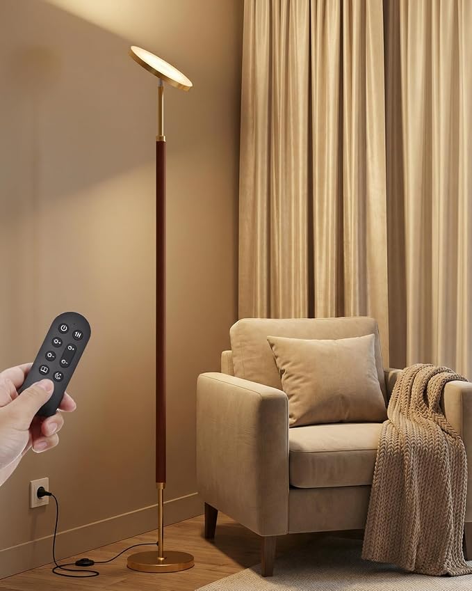 Wood LED Torchiere Floor Lamp with Remote, 3000LM Dimmable | 69" Tall Uplight, 3000K-6500K Color Temperature, 1-Hour Timer, Eye-Caring Lighting, For Living Room, Bedroom & Office