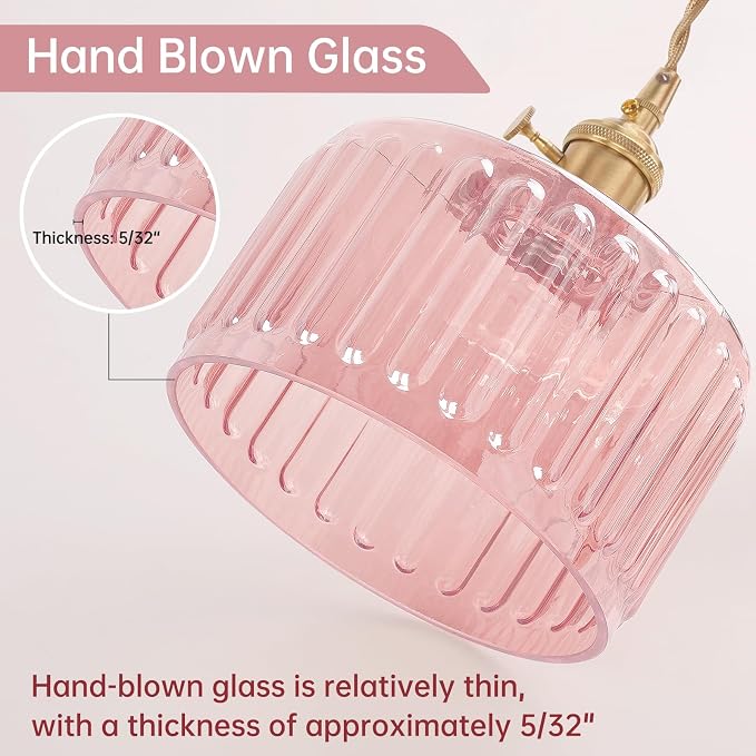 Shenmoyl Plug in Pendant Light Hanging Light Fixtures with Plugin Cord On/Off Switch,Pink Striped Glass Lampshade Brass Pendant Light