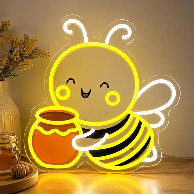 Bee Neon Sign Wall Art Cute Animal Neon Sign Honey Bee Lights Decor | Dimmable Bee Neon Light for Nursery, Kids Room, Bedroom, Living Room, Playroom, Bee Themed Decor and Nature Lovers Gift