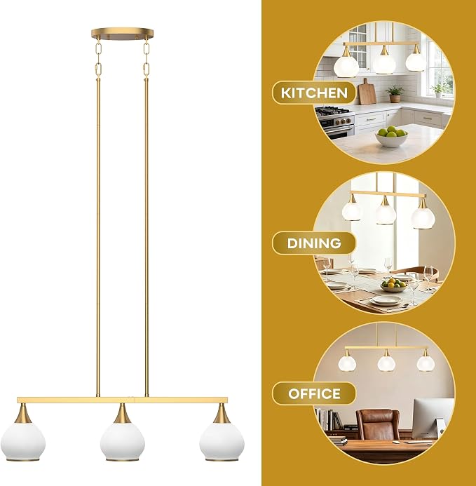 Kitchen Island Linear Pendant Light, 3-Light Gold Dining Room Chandelier with White Glass Globe Shades, Modern Linear Lighting Fixture Over Table