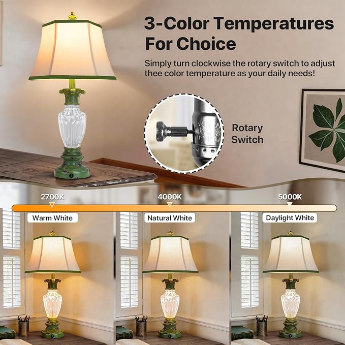 28.5" Vintage Green Table Lamps Set of 2 with Glass Nightlight | Farmhouse Lamps for Living Room Bedroom, 3-Color Temperature Bedside Lamp, Vintage Resin Lamp with Nightlight, Bulbs Included
