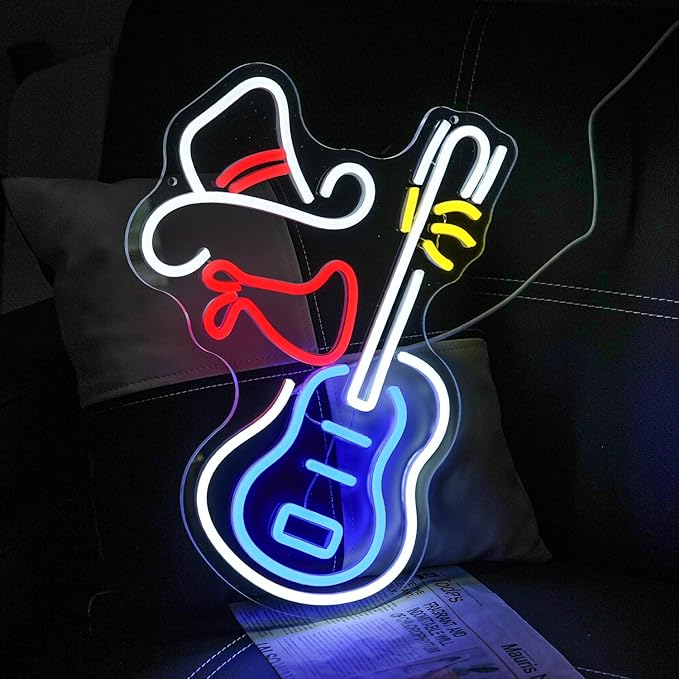Cowboy Hat Neon Sign for Wall Decor Guitar Neon Light Beer Bar Sign Music Neon Signs LED Sign Neon Lights for Wall Art LED Neon for Home Bar Pub Shop Party Bar Led Sign(16.5"*12.9")