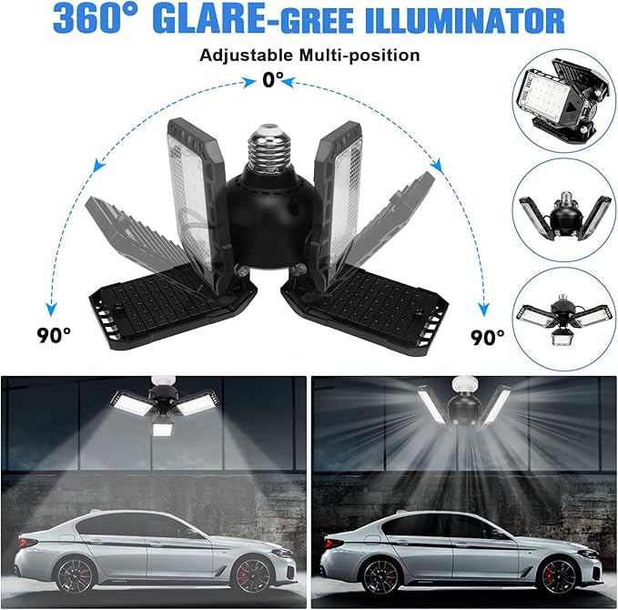 LED Garage Lights Bulb 2 Pack -80W, 8000LM 6500K Led Shop Light with 3 Deformable Panels, Basement Barn Light Garage Ceiling Lights, E26/E27 for Garage, Warehouse, Shop, Basement