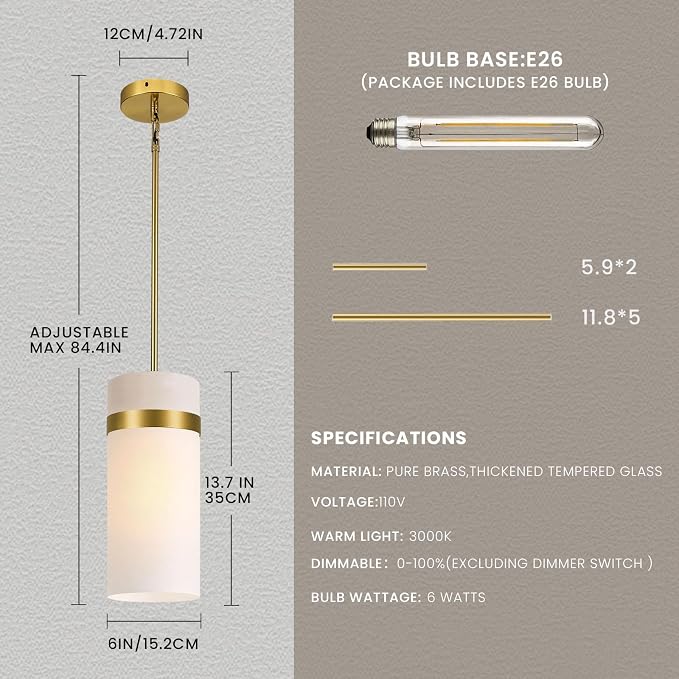 Handcrafted Brass Pendant Light Fixtures, 6 Inch Modern Large Frosted Glass Kitchen Pendant Lights, Hanging Island Lights, for Kitchen Island, Dining Room,Bedroom,Includes Bulb