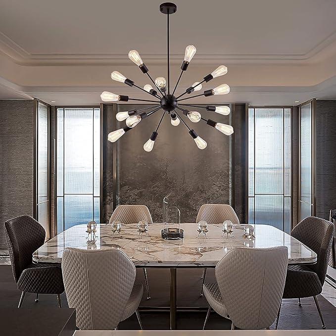 Sputnik Chandeliers Black, Modern 18-Light Farmhouse Pendant Light Mid Century Starburst Lighting Vintage Industrial Ceiling Hanging for Living Dining Room, Bedroom, Kitchen Island, Foyer, Hallway