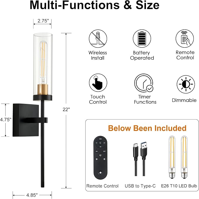 Battery Operated Wall Sconce Set of 2, Black & Gold Wireless Sconces Wall Decor, Rechargeable Wall Lights for Bedroom Living Room Entryway Bathroom Hallway Stairwell