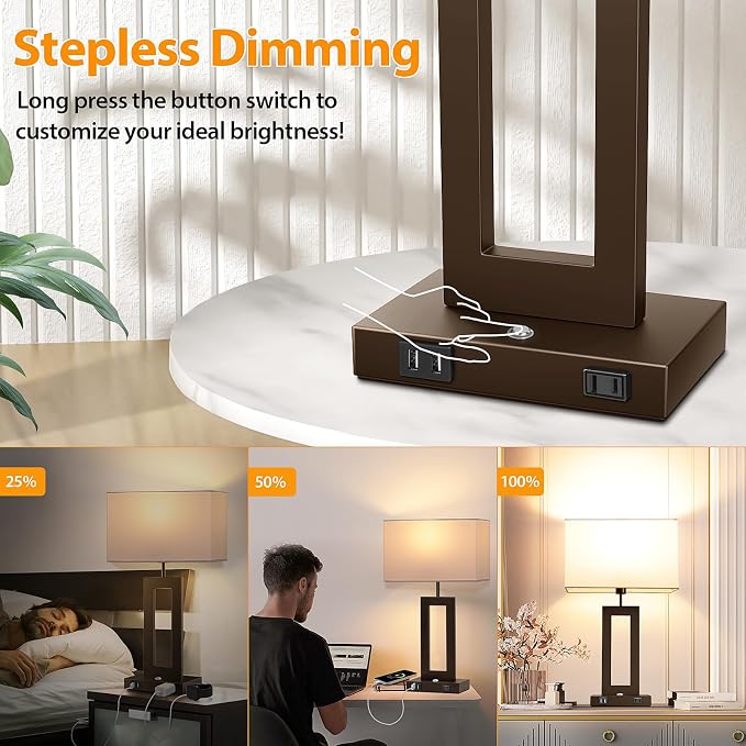 3 Color Temperatures Brown Table Lamps for Bedrooms Set of 2, 22’’ Touch Control Bedside Nightstand Lamps with 2 USB Ports & AC Outlet, Modern Lamp Sets for Living Room, Stepless Dimming, White Shade