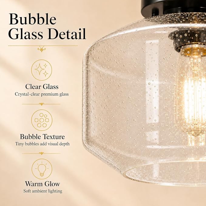 DSMJFU Black Semi Flush Mount Ceiling Light, Vintage Small Ceiling Light Fixture, Hallway Lighting Fixture with Bubble Glass, Kitchen Ceiling Mount Light for Entry Way, Bedroom, Bathroom