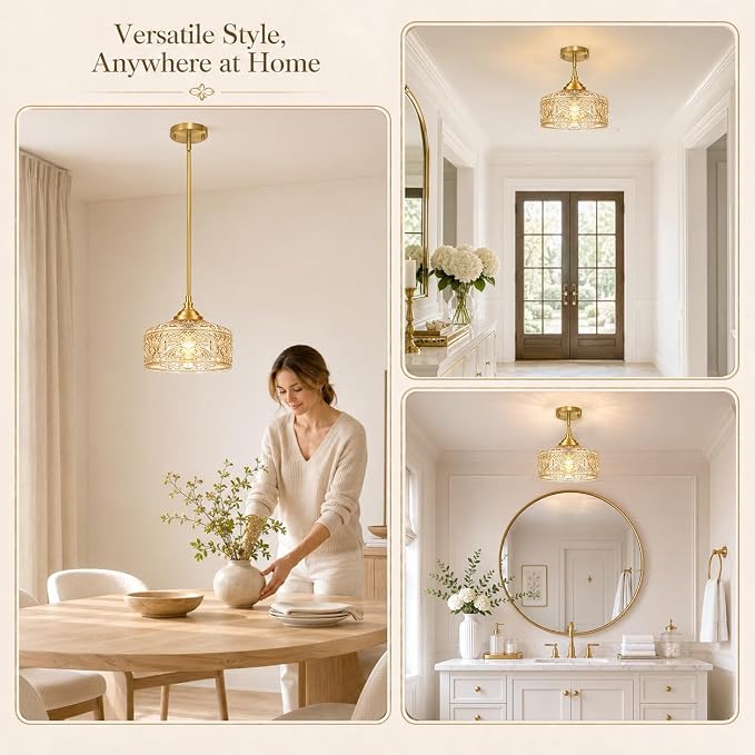 Brushed Gold Vintage Pendant Light Amber Glass Island Lights for Kitchen | Height adjustable hanging light fixture kitchen, 90-degree swivel, 2-in-1 ceiling light and pendant light, E26 bulb base