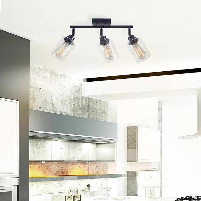 3-Light Matte Black Track Lighting Ceiling Mount for Kitchen | 350° adjustable track heads with clear glass shades, E26 ceiling mount for kitchen, bathroom and vanity lighting