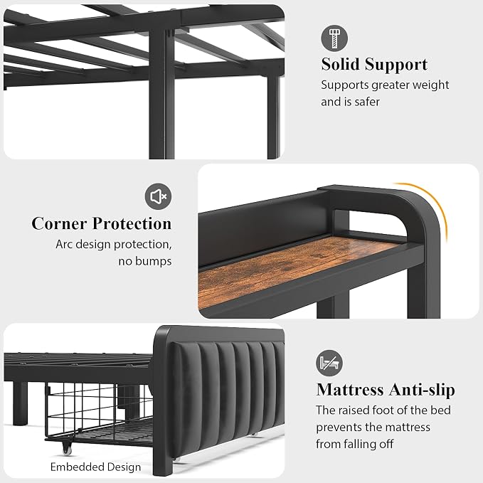 Full Size Bed Frame and Upholstered Storage Headboard, LED Light, Black | Built-in Charging Station, Wheeled Under-bed Drawers, Heavy-Duty Metal Slats, Noise-Free, Easy Assembly, No Box Spring Needed