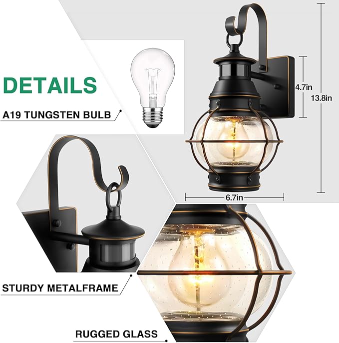 Lamomo Outdoor Wall Sconce,2 Pack Black Dusk to Dawn Motion Sensor Light Fixtures,Exterior Aluminum Waterproof Porch Lights for House Patio(No Bulb)