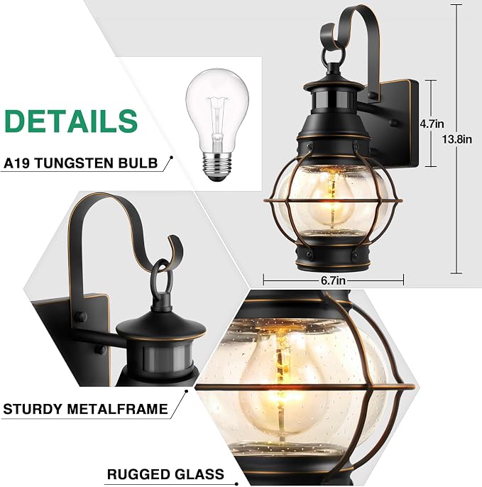 Lamomo Black Outdoor Light,Exterior Front Porch Lights for House,Dusk to Dawn Motion Sensor Lights,Waterproof Anti-Rust Wall Mount Lantern for Outside,Garage(NO Bulb)