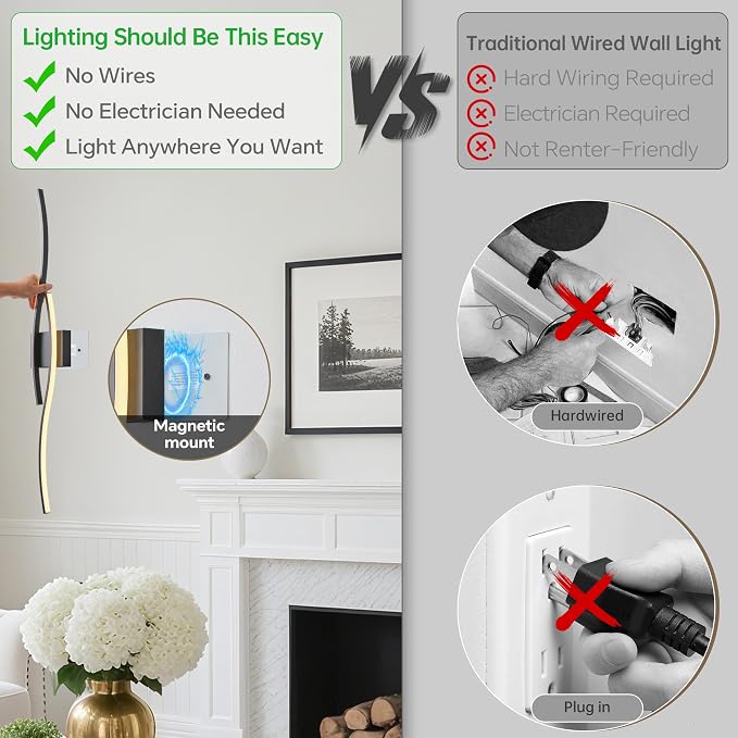 Battery Operated Wall Sconce Set of 2, Dimmable Modern LED Wireless Wall Light with Remote Control, Sconce Wall Decor for Living Room, Hallway, Quick Install, No Electrician Required
