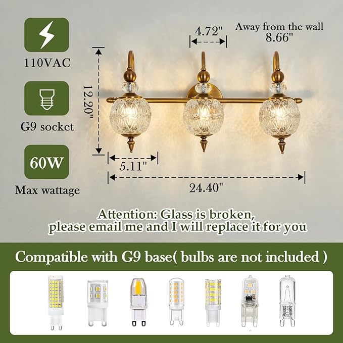 Piepooye Vintage Bathroom Lights Fixtures Gold Vanity Light with Glass Globe LampShade 3 Light Mid Century G9 Bulb Wall Sconce Indoor Vanity Light Over Mirror for Kitchen Bedroom Farmhouse Living Room