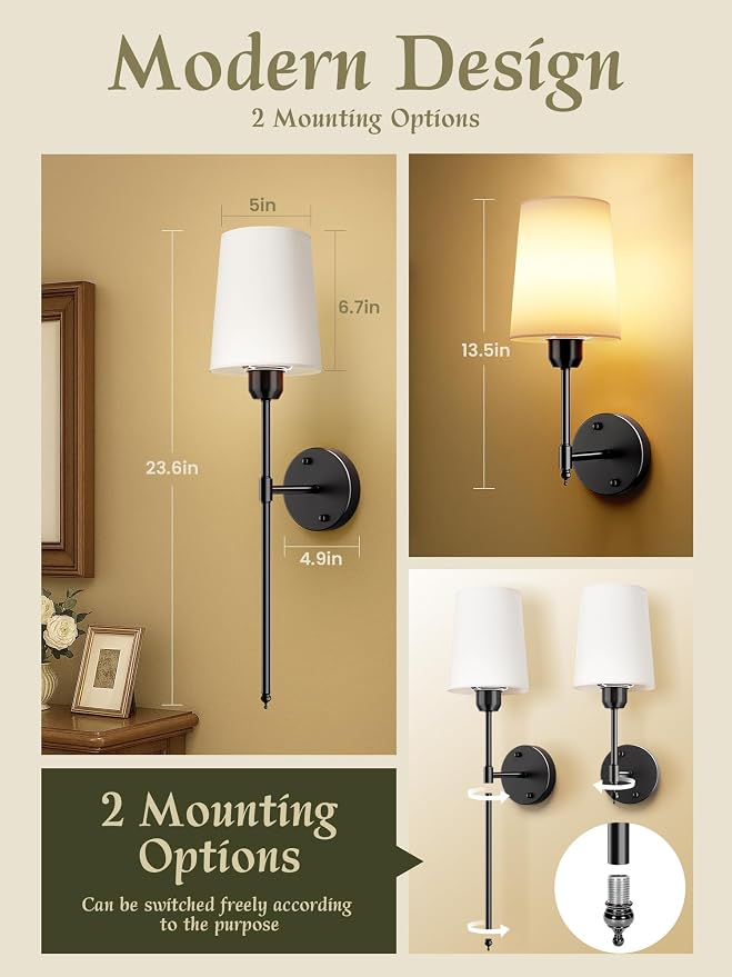 Battery Operated Wall Sconces Set of 2, Black, Dimmable & 15 RGB, 23 Inch | Renter Friendly, Rechargeable Magnetic Bulbs, Remote Control, LED Cordless Wall Lights for Living Room, Bedroom, Hallway
