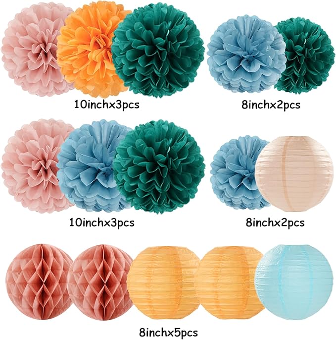 Dusty-Blue Orange Teal Party-Decorations Paper-Flowers - 15pcs Fall Rose Gold Blush Pink Birthday Baby Bridal Shower Tissue Pom Poms Lanterns Streamers,Wedding Bachelorette Hanging Supplies Hugfond