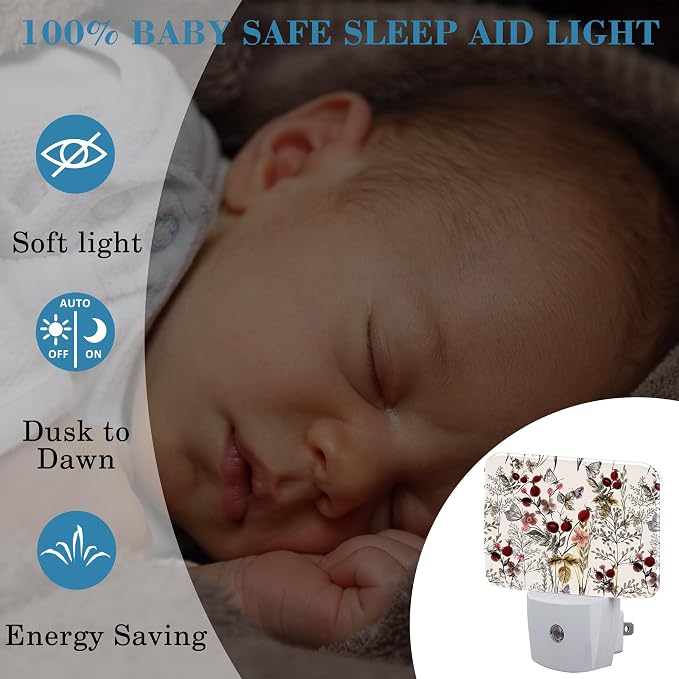 Vintage Flowers Plants Night Light, Butterfly Nightlight Plug into Wall with Dusk to Dawn Sensor for Kid Girls Boys Women Men Bedroom, Hallway, Kitchen, Bathroom, Stairs Decor
