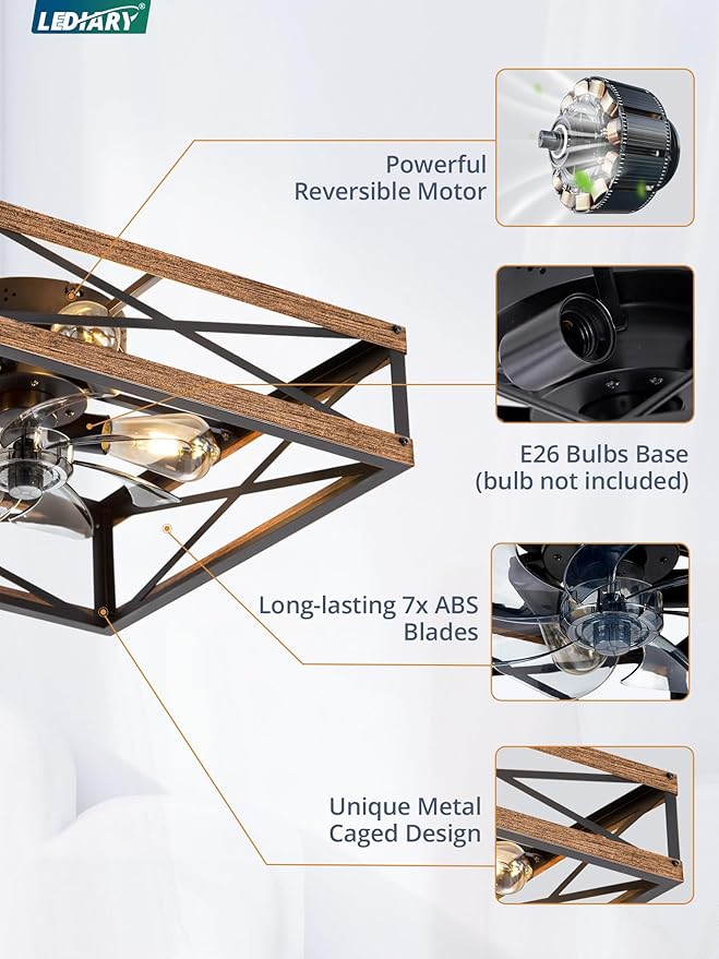 LEDIARY 20” Caged Low Profile Ceiling Fans with Lights and Remote, Rustic Square Flush Mount Ceiling Fan, 6 Speed and Reversible, Small Farmhouse Bladeless Ceiling Fan for Bedroom, Kitchen,Dining Room
