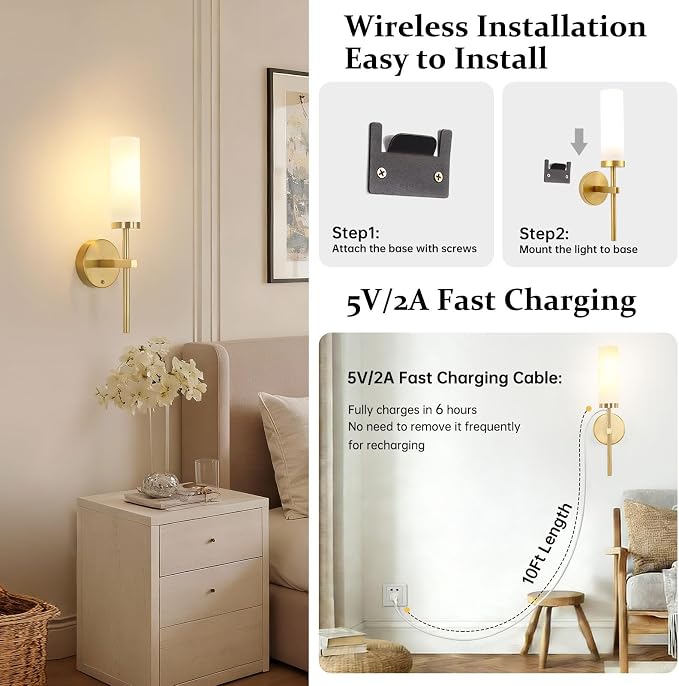 Shenmoyl Battery Operated Wall Sconces Set of 2, Gold Rechargeable Wall Lighting Fixtures, Dimmable Wall Lights with Remote & Opal Glass Shade for Living Room, Bathroom,Bedroom