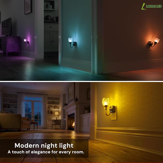 L LOHAS LED Night Lights Plug into Wall | RGB Floral Night Lights with Dusk to Dawn Sensor, 0-100lm Adjustable Brightness, for Hallway Bedroom Stairway