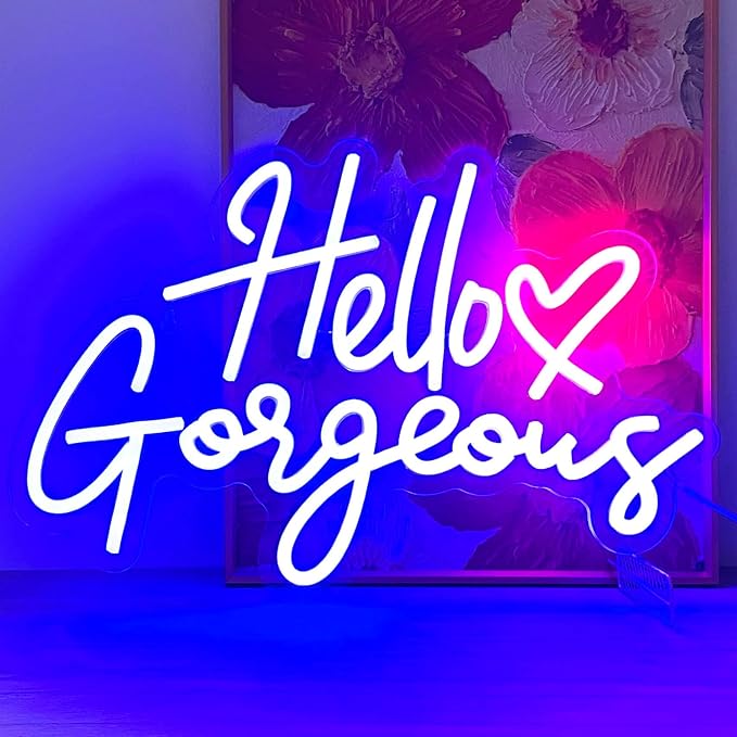 Hello Gorgeous Neon Signs for Wall Decor with Heart, Blue Hello Gorgeous LED Sign Lights for Bedroom Dorm Salon Wedding Party, Cute Makeup Dressing Beauty Room Decor, Preppy Girls Woman Cave