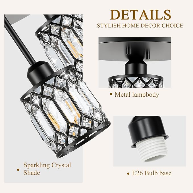 Black Crystal Ceiling Light Fixture, 3-Light, E26 | Modern Semi Flush Mount Ceiling Light, Kitchen Lighting Fixtures Ceiling for Hallway Bedroom Bathroom Laundry Room