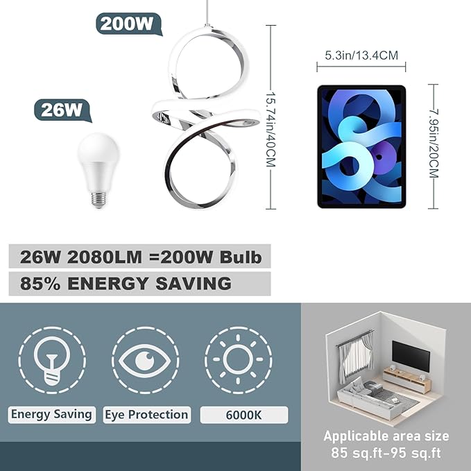 6000K Modern LED Pendant Lights, 24W LED Pendant Lights Kitchen Island Lighting, Chrome Adjustable Height Hanging Light Fixture for Kitchen Study Corridor Stairs Dining Room, 1 Pack