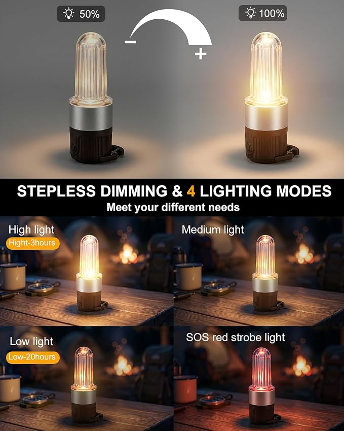 pearlstar 4 Pack Led Camping Lantern USB Rechargeable Outdoor Tent Lights with Clip for Hanging Hook Camping Flashlight Emergency Lamp, 4 Modes/IPX5 Waterproof/Battery Powered (Black)