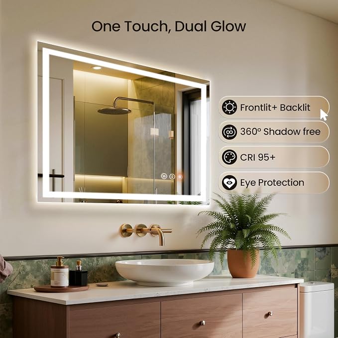 40x30 LED Bathroom Mirror with Anti-Fog, Backlit & Front Lights, Memory | Dimmable 3 Color CRI 95+ Shatterproof Tempered Glass ETL Listed for Safety Lighted Bathroom Vanity Mirror for Wall