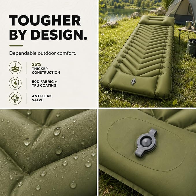 MalloMe Sleeping Pad for Camping, Camping Mattress - Bed for Outdoors Self-Inflating Air Mattress for Backpacking Leak-Resistant Inflatable Travel Mat w/Foot Pump Compact Ultralight Single & Double