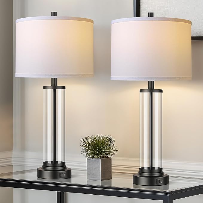 Glass Table Lamps Set of 2, Modern Black Dimmable Beside Lamps for Bedroom | 2 Dimmable LED Bulbs, USB A+C Charging Ports, Modern Black Glass Lampshade, Seamless Dimming Touch Control