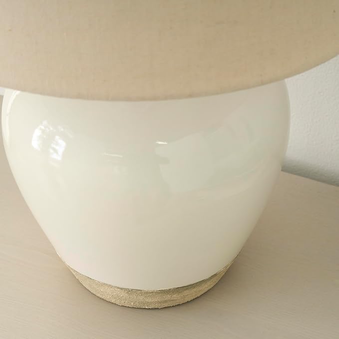 Nourison Home 20" Two-Tone White and Tan Glossy Ceramic Table Lamp, Bedside Nightstand Lamp with Warm Beige Shade for Bedroom, Living Room, Entryway